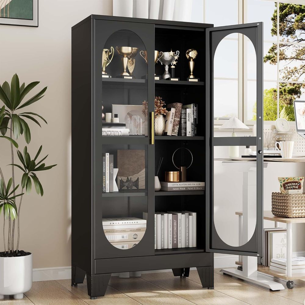Storage & Organization - ตู้โชว์กระจกขนาด 61 นิ้วพร้อมกุญแจล็อค, ตู้เก็บเครื่องดื่มแอลกอฮอล์แบบโลหะพร้อมระบบล็อคและชั้นวางปรับระดับได้ 3 ชั้น,