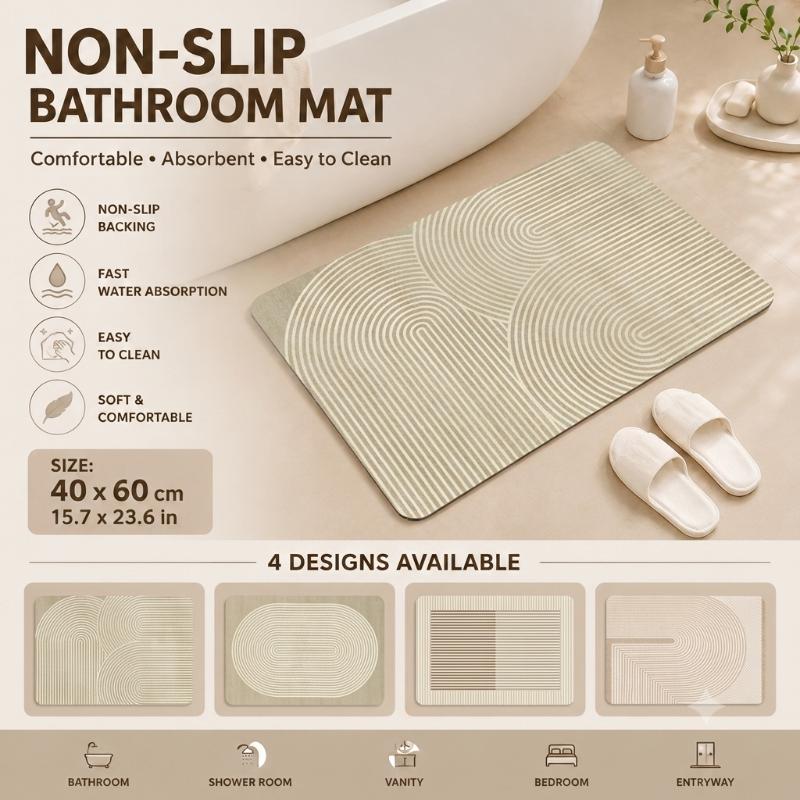Quick Dry Diatomite Bath Mat - แผ่นรองพื้นห้องน้ำไดอะตอมไมต์ แห้งเร็ว ดูดซับน้ำได้ดี สีเบจลายทาง พร้อมแผ่นรองกันลื่นสำหรับประตูห้องน้ำและพื้นห้องอาบน้ำ