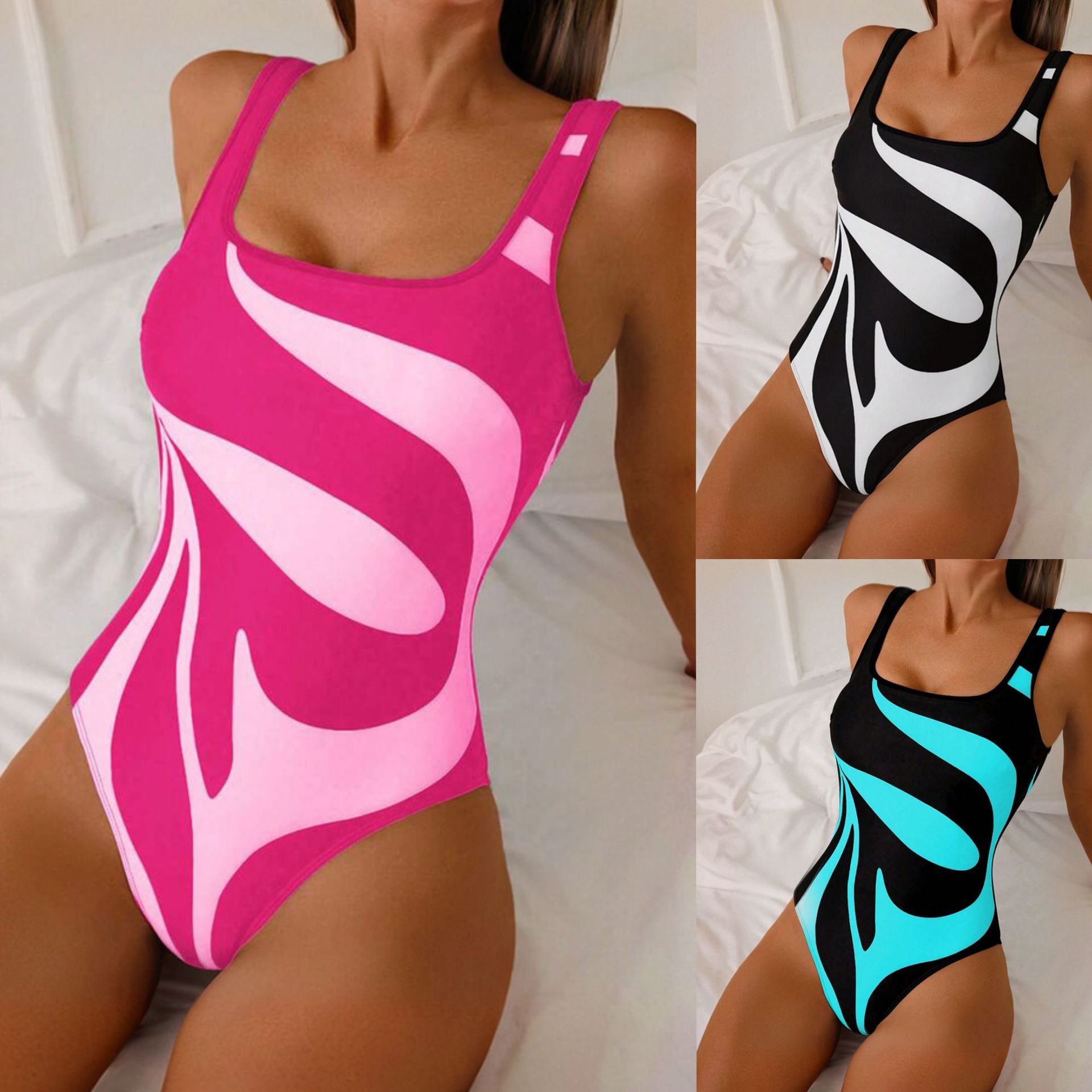 Bath - ชุดว่ายน้ำผู้หญิงแบบ Tankini ลายพิมพ์นามธรรม ขาสูง คอเหลี่ยม สีชมพูและสีขาว