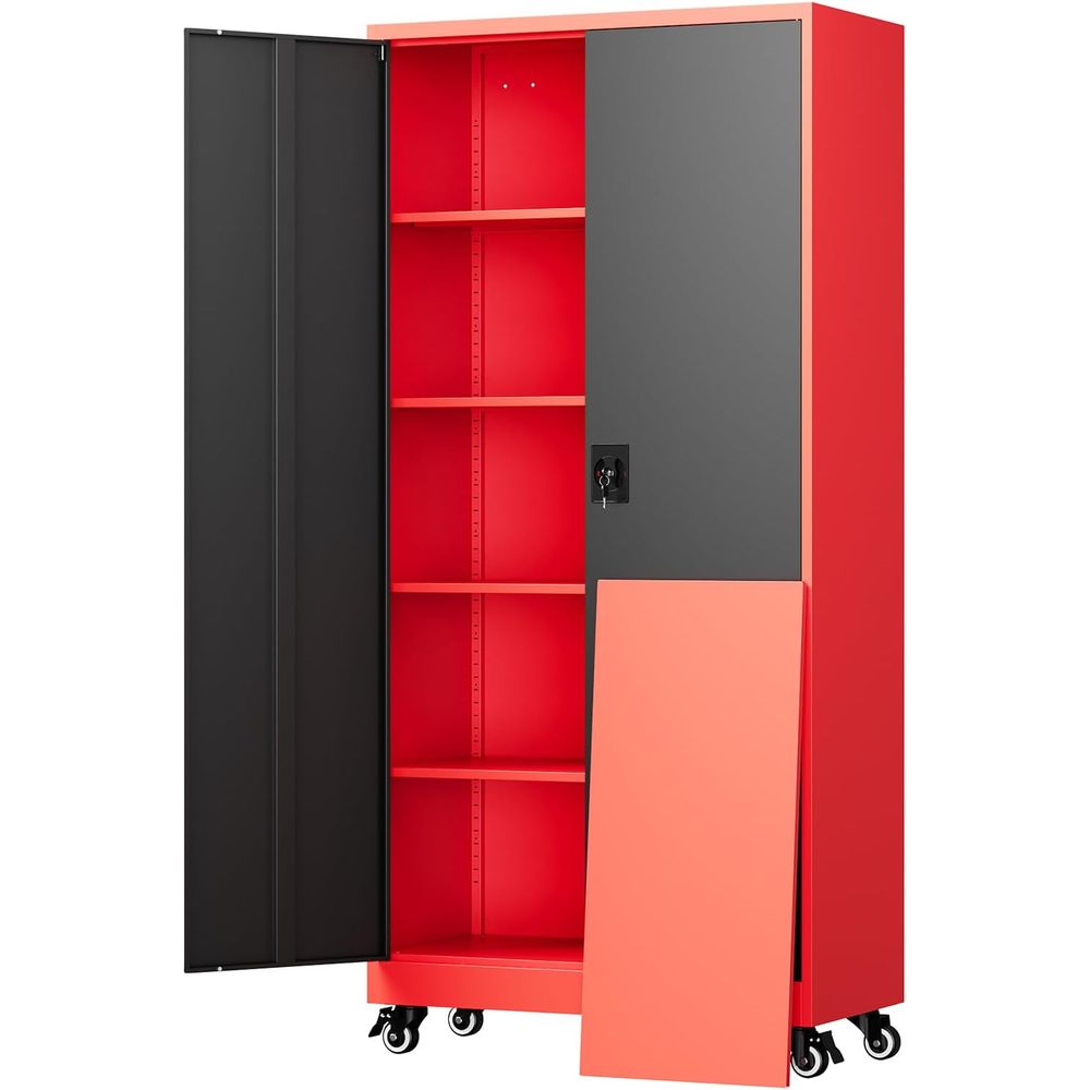 Storage & Organization - ตู้เก็บของโลหะสำหรับโรงรถพร้อมประตูล็อคและชั้นวางปรับระดับได้ - ตู้เครื่องมือเหล็กแบบมีล้อขนาด 75 นิ้ว สำหรับใช้ในบ้าน